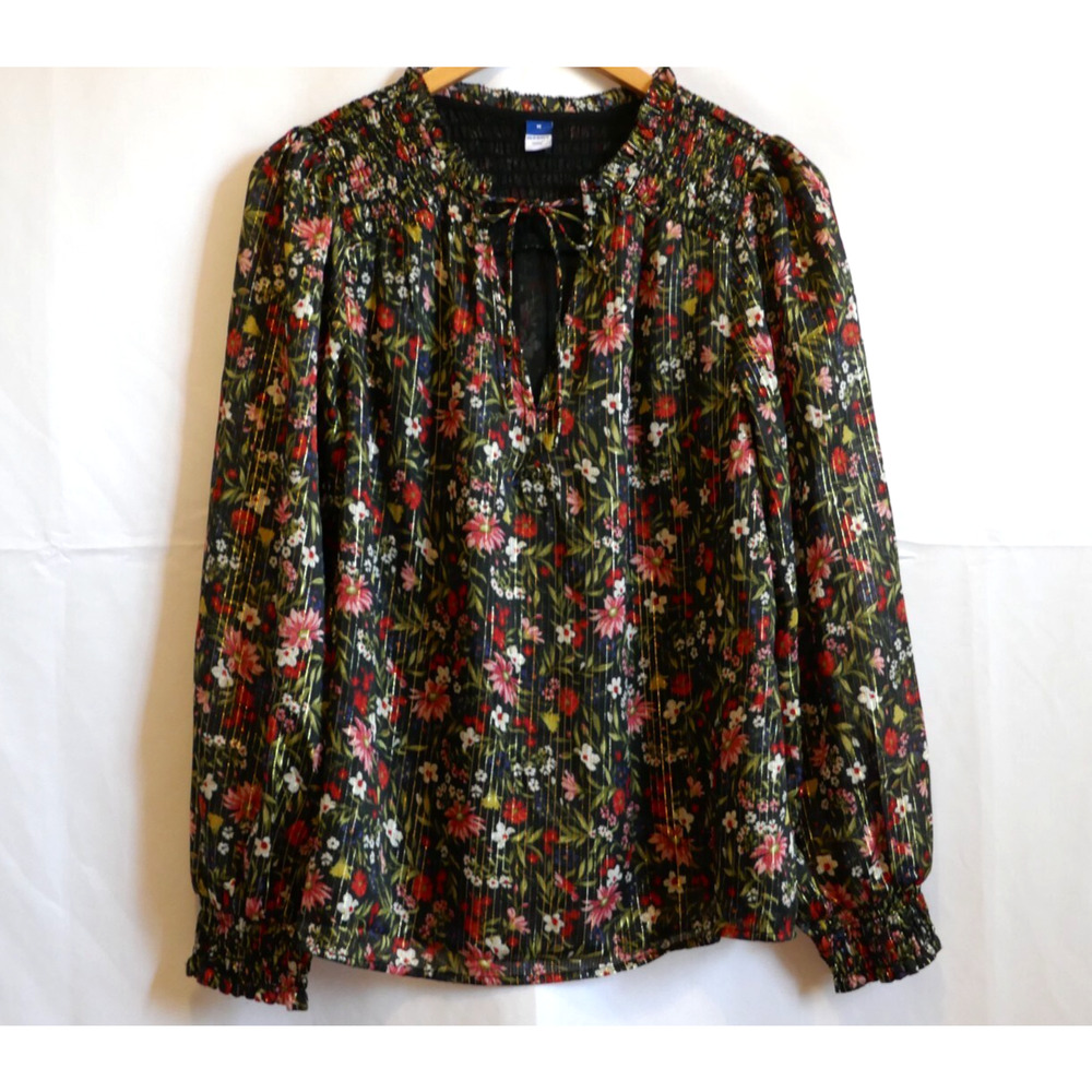 Old Navy Womens Black Flora Long Sleeve Smocked Blouse Top Tie-Neck Boho Med